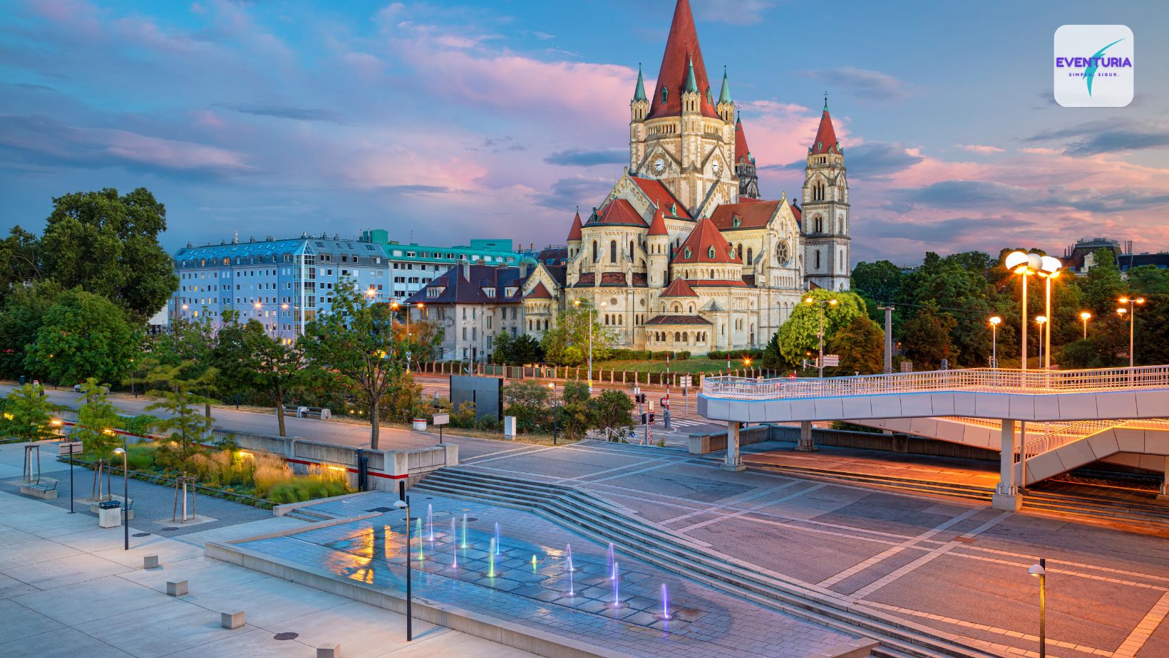 O stradă din Viena și o clădire arhitecturală într-un peisaj panoramic