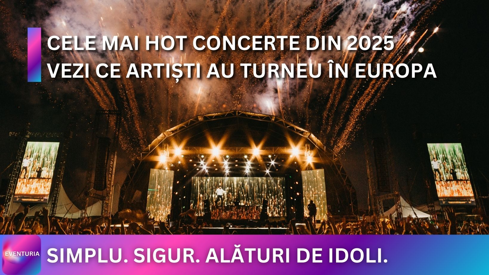 Un concert live pe timpul nopții, plin de oameni, lumini și artificii